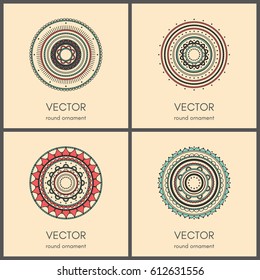Collection of 4 simple round ornaments. Mandala pattern set. Hand drawn illustration. Vector background.