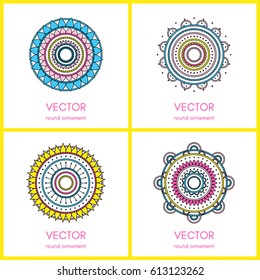 Collection of 4 simple round ornaments. Mandala pattern set. Vector illustration.