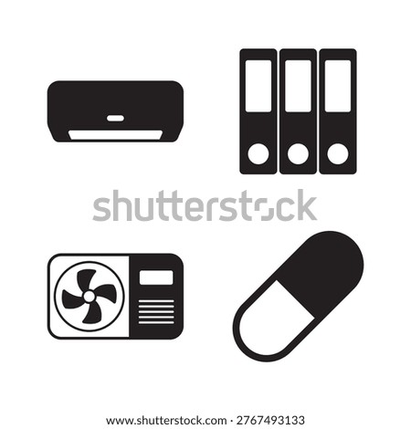 Collection of 4 solid icons featuring AC, binder, compressor, and pill.