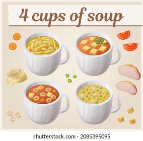 Collection of 4 soups in a cup vector icons with ingredients. Chicken and vegetable, minestrone, chicken noodle, tomato soups collection cartoon illustration, fast food dinner recipe design