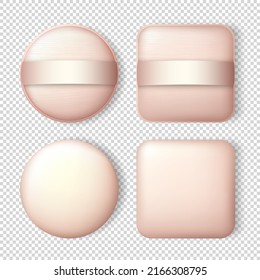 Collection of 4 square and circle beige powder puffs template. Realistic makeup sponges for compact powder, foundation cushion. Mockup of cosmetic items isolated on transparent background