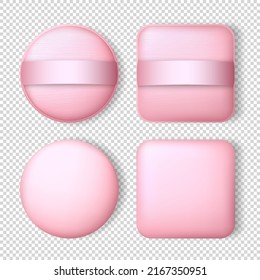 Collection of 4 square and circle pink powder puffs template. Realistic makeup sponges for compact powder, foundation cushion. Mockup of cosmetic items isolated on transparent background