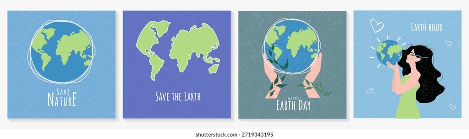 Una colección de 4 ilustraciones cuadradas para el Día de la Tierra: globos terráqueos, mapas, manos con plantas, una Imagen femenina y mensajes ecológicos. Diseño de Vector plano para la conservación de la naturaleza.