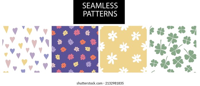 Collection of 4 stylish modern basic color patterns. Seamless texture with a floral pattern, with hearts, four-leaf clover leaves. Vector seamless pattern. Textures for fabrics, paper.