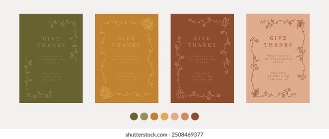 Colección de 4 Plantillas de invitación de tarjeta de acción de gracias. Marcos de otoño caprichosos en estilo de arte de línea, acogedora paleta de otoño. Invitación de fiesta de boda de otoño. Tamaño de la tarjeta A4. Vector dibujado a mano conjunto gráfico