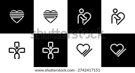 A collection of 4 unique minimalist outline vector icons for healthcare, medicine, love, and wellness, including hearts, a caring person, and a medical cross or stethoscope combination, displayed in black and white.
