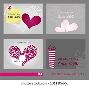 Collection of 4 Valentine's day cards, invites, Valentine's day special offer, Big Sale vector templates. Cards with beautiful, elegant, cute heart shape  graphic designs.