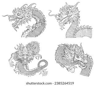 Collection of 4 various linear traditional dragons. Sketch of outline dragon as new year 2024 horoscope sign. Chinese mythology animal tattoo