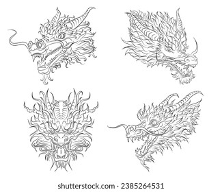 Collection of 4 various linear traditional dragon heads. Sketch of outline dragon as lunar new year 2024 horoscope sign. Chinese mythology animal tattoo