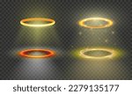 Collection of 4 various three dimensional shiny golden nimbus isolated on transparent background. Glossy realistic halo, angel ring, Saint aureole symbol. Vector illustration EPS 10