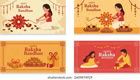 Collection of 4 vector banners celebrating Happy Raksha Bandhan. Features sister tying Rakhi, gifts, sweets (mithai) and diyas. Ideal for Rakhi greetings and web banners.