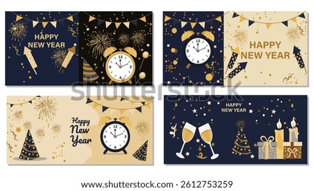 Collection of 4 vector banners for Happy New Year celebrations. Features clocks at midnight, fireworks, champagne, confetti and party hats. Ideal for web headers, greetings and social media.