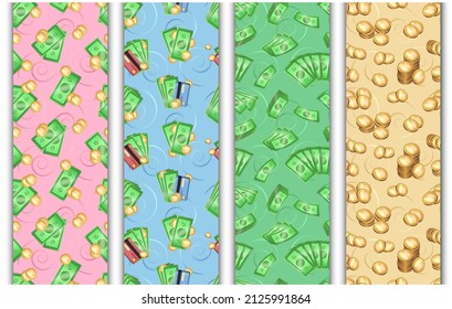 Collection of 4 vector cartoon seamless patterns with green banknotes, golden metallic coins and plastic bank cards. Wrapping paper, wallpaper, background concept with three-dimensional cash. EPS 10