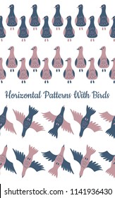 Collection of 4 vector horizontal patterns with birds. 
