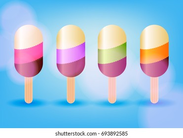 Collection of 4 vector ice cream illustrations on blue background