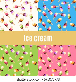 Collection of 4 vector ice cream seamless textures on white, blue, pink, green backgrounds