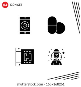 Collection of 4 Vector Icons in solid style. Pixle Perfect Glyph Symbols for Web and Mobile. Solid Icon Signs on White Background. 4 Icons.