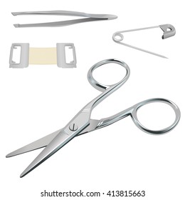 A collection of 4 vector illustrations of Steel items that are commonly found in First Aid Kits, including Scissors, Tweezers, a Safety Pin and a Bandage Clip.