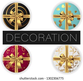 Collection of 4 vector realistic round gift box with bow and ribbon with handmade patterns, flat lay top view