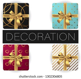 Collection of 4 vector realistic square gift box with bow and ribbon with handmade patterns, flat lay top view