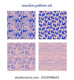 Collection of 4 versatile monochrome seamless vector patterns, showcasing camping scenes, fishing themes, aquatic elements, birds, and abstract water bubbles. Ideal for diverse design needs.