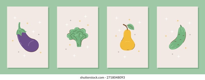 Colección de 4 posters de Vertical con berenjena, brócoli, pera, pepino. Verduras y frutas. Ilustración vectorial con estrellas centelleantes. Postal de comida al estilo doodle. Arte de pared simple para cocina o cafetería. Anuncio para el festival de la cosecha en el fondo gris en estilo plano.