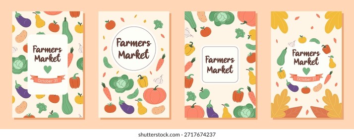Colección de 4 carteles de Vertical para el mercado de agricultores. Anuncio para el festival de la cosecha sobre fondo beige en estilo plano. Otoño y concepto de cosecha. Ilustración vectorial.