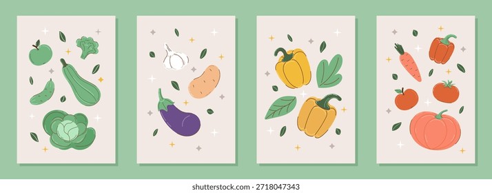 Collection of 4 Vertical posters with vegetables and fruits. Vector illustration with twinkling stars. Food postcard in doodle style. Simple wall art for kitchen or cafe. Banner for harvest festival on gray background in flat style.