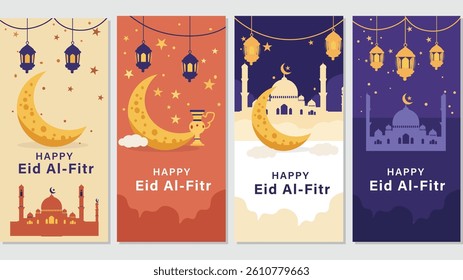 Collection of 4 vibrant vertical vector designs celebrating Happy Eid Al-Fitr. Features crescent moons, mosques, lanterns and stars. Ideal for greeting cards, social media stories and posters.