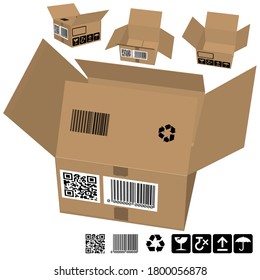 A collection of 4 views of a Corrugated Cardboard Packaging Boxes. Includes - 5 packaging symbols, a Barcode and QR Code Label. The symbols and Icons are also repeated at the base of the illustration.