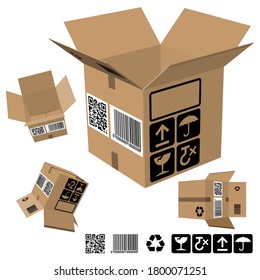 Eine Kollektion von 4 Ansichten zu Wellpappverpackungsboxen. Enthält - 5 Verpackungszeichen, einen Barcode und ein QR-Code-Label. Die Symbole und Symbole werden auch an der Basis der Abbildung wiederholt.