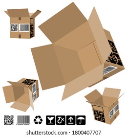 A collection of 4 views of a Corrugated Cardboard Packaging Boxes. Includes - 5 packaging symbols, a Barcode and QR Code Label. The symbols and Icons are also repeated at the base of the illustration.