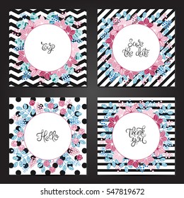 Collection of 4 vintage card templates with flowers. For the wedding, marriage, save the date cards, invitations, greetings. Simple retro design.