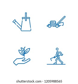 Collection of 4 watering outline icons include icons such as gardening, lawnmower, farmer hoeing