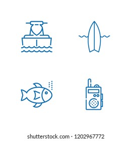 Collection of 4 wave outline icons include icons such as jet boating, fishes, surfboard