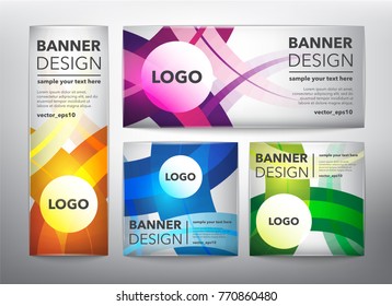 Collection of 4 web banners in colorful wavy lines. Isolated on the light panel. Each item contains space for own logo and text. Vector illustration. Eps10.