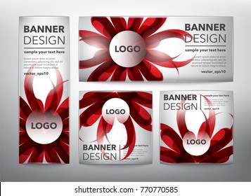 Collection of 4 web banners in red floral design. Isolated on the white background. Each item contains space for own logo and text . Vector illustration. Eps10.