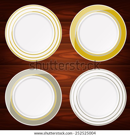 Collection of 4 white plates with gold and silver lines. Vector image can be used for food menu or posters design, web or other crafts.