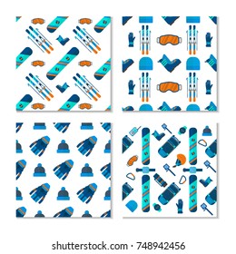 Collection of 4 winter sport  patterns. Skiing and snowboarding set equipment isolated on white background in flat style design for decorative wallpaper, printing, backdrop, scrapbook.