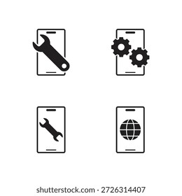 Collection of 4 wrench, gear, and globe solid icons.