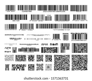 Collection of 40 barcodes. Vector linear code, postal code, QR-Code, banking and payments barcode, scan codes for store, isbn code. 