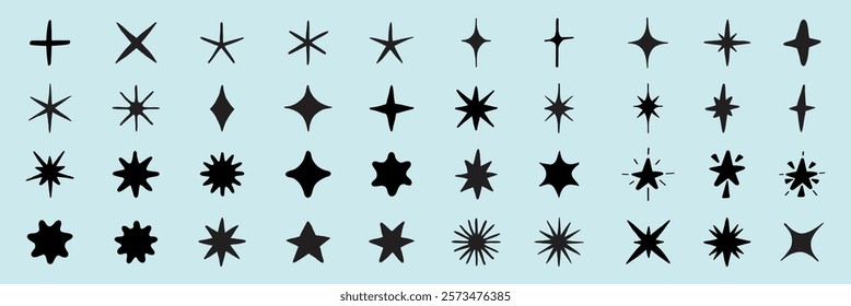 Collection of 40 black star shapes on a light blue background. Various star designs include starbursts, star outlines, and abstract stars. Star shapes for design use. Element vector set.