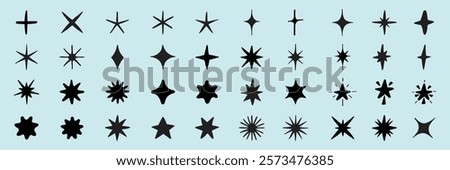 Collection of 40 black star shapes on a light blue background. Various star designs include starbursts, star outlines, and abstract stars. Star shapes for design use. Element vector set.