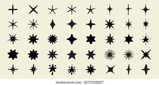 Collection of 40 black starburst and sparkle icons. Starburst icons vary in shape and size. Sparkle icons are bold and dynamic. Perfect for design projects. Element vector set.