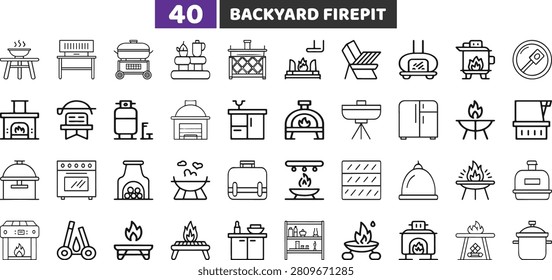 Collection of 40 black and white backyard firepit line icons on purple background