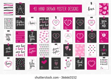 Collection of 40 cards of love design. Valentine's day Posters set. Vector illustration. Template for Greeting, Scrapbooking, Congratulations, Invitations, Planner, Diary, Notes.