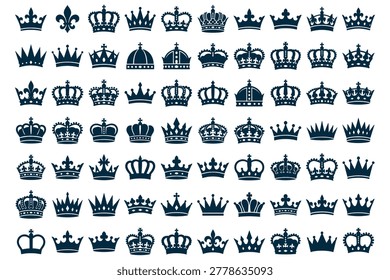 Collection of 40 classic and ornate crown icons in black and white monochrome style, perfect for royal branding designs and historical illustration projects