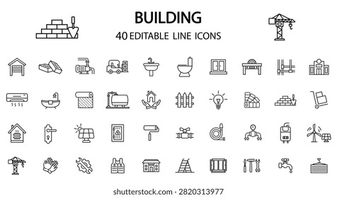 Collection of 40 editable outline icons for building construction, home renovation, architecture and engineering. Includes construction tools, crane, scaffolding, building materials, plumbing, electrical equipment, HVAC, solar energy, warehouse, safety equipment, windows, doors, painting and repair.