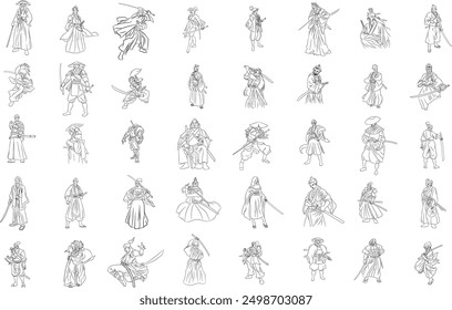 Collection of 40 EPS samurai line drawings. Perfect for creative and historical projects, these high-quality, detailed illustrations capture the essence of samurai warriors in various poses and styles