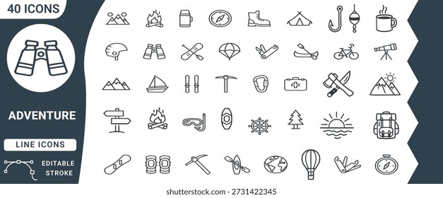 Sammlung von 40 Linien Icons, die Abenteuer und Outdoor-Aktivitäten Vektor